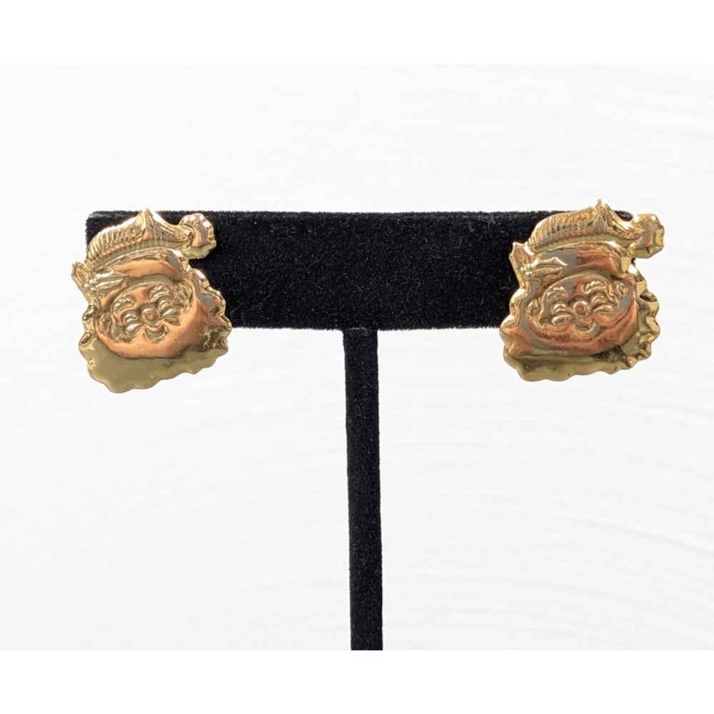 Vintage Gold Tone Pressed Metal Santa Claus Christmas Earrings Pierced